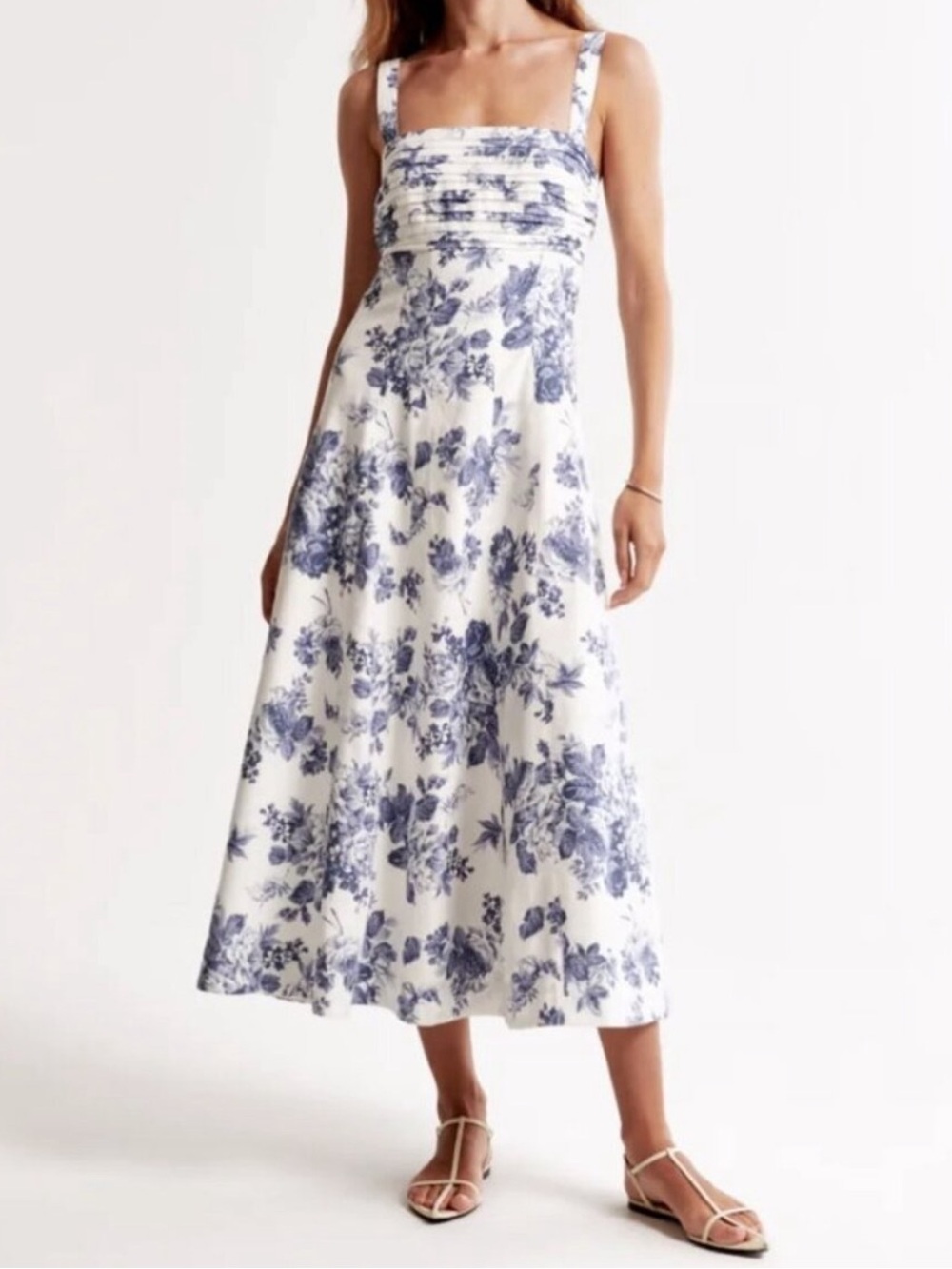 Abercrombie & Fitch White and Blue Floral Square-Neck Midi Dress